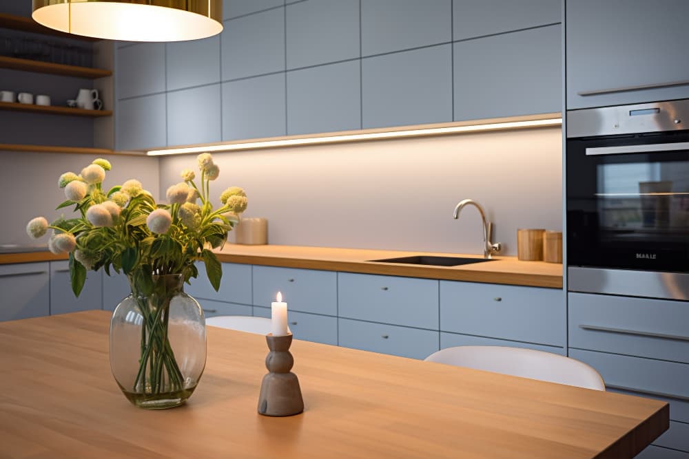 Kitchen finishes example with backsplash and layered lighting.