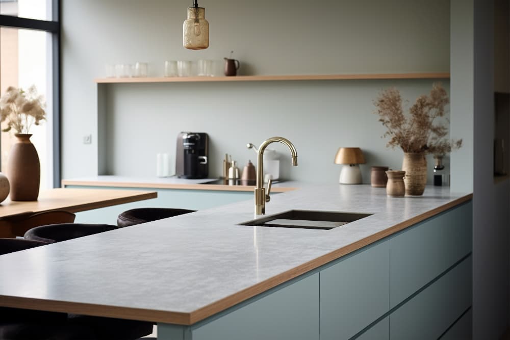 Kitchen countertop and surface upgrade example with bright stone worktops.