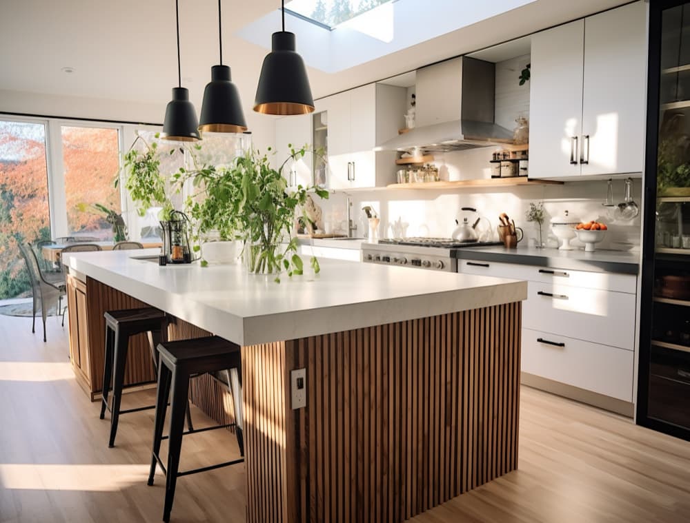 Kitchen island addition example with seating and pendant lighting.