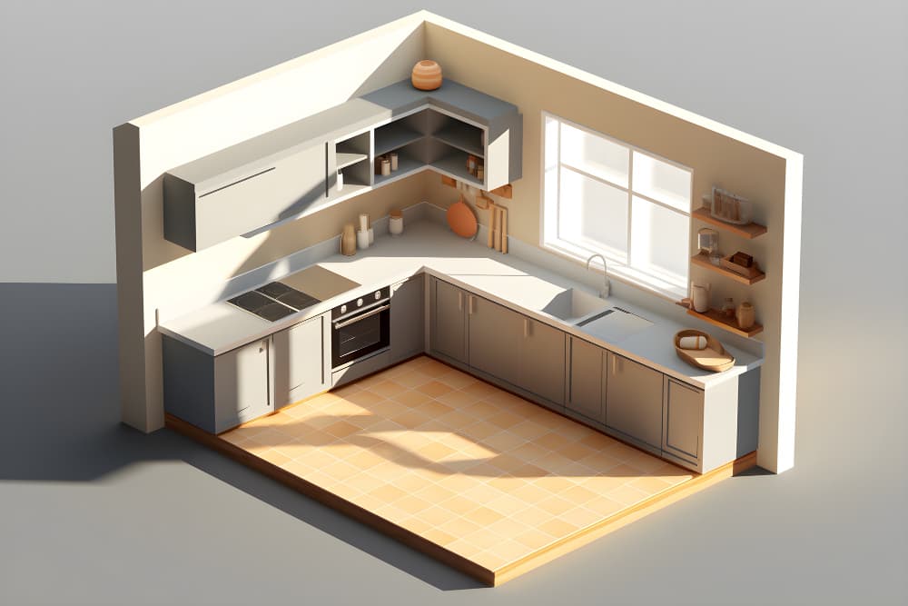 Kitchen layout reconfiguration example with updated cabinet and circulation plan.
